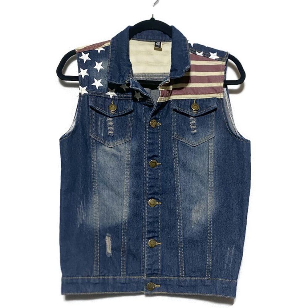 Tang Ku Distressed American Flag Vest Youth Large Blue Denim Button Up
